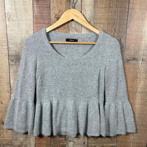 Express Sweaters - Express Gray Ribbed Knit Peplum Sweater Bell Sleeve Angora Wool Blend Small